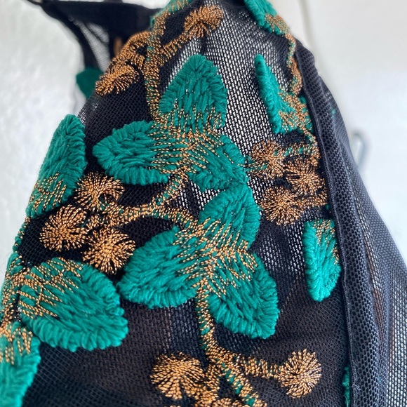 Black Mesh Longline Bralette with Green & Gold Embroidery (L) - Picture 5 of 8